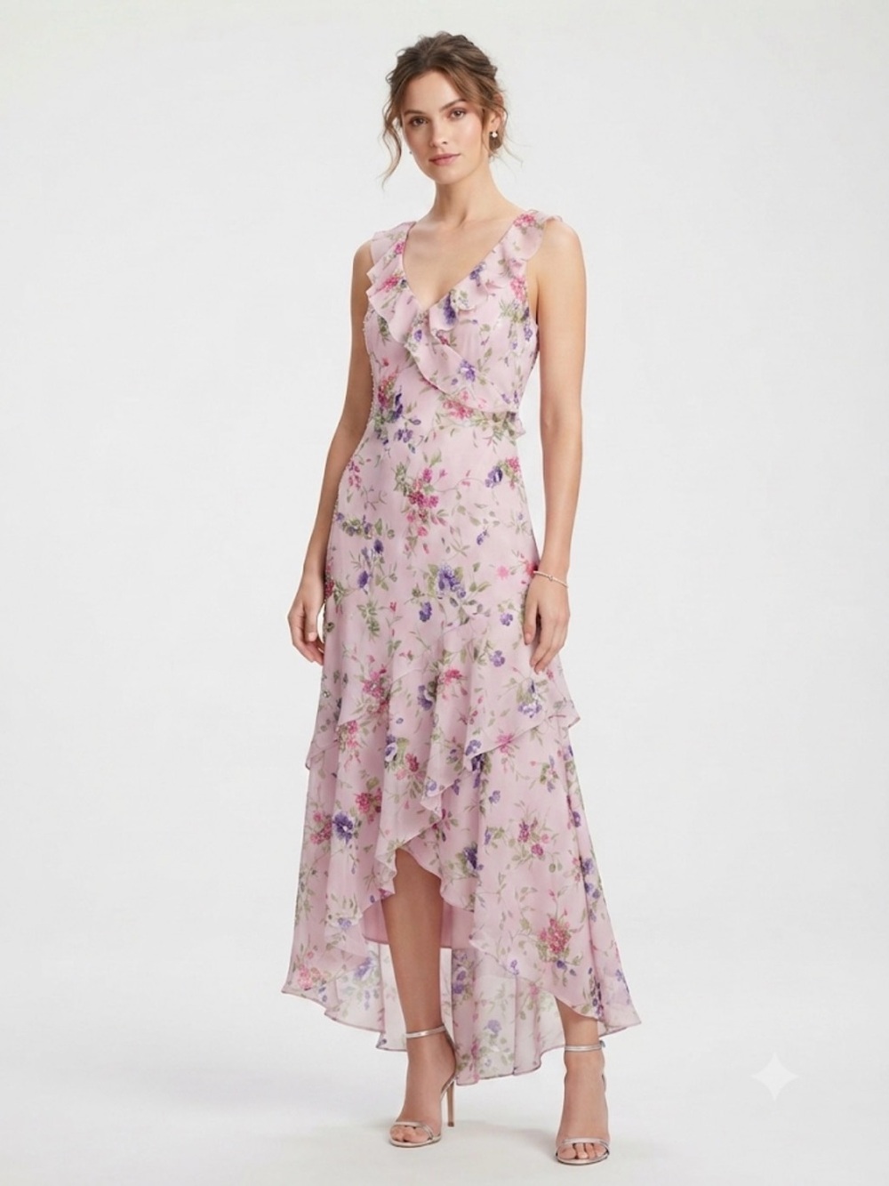 Alex Evenings Pink Floral High-Low Ruffle Chiffon Dress